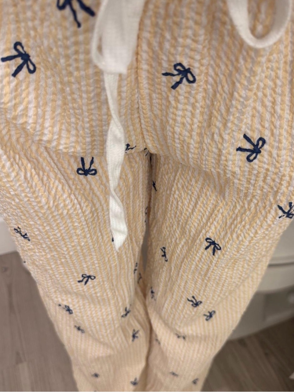 Cream Embroidered Drawstring Lounge Pants